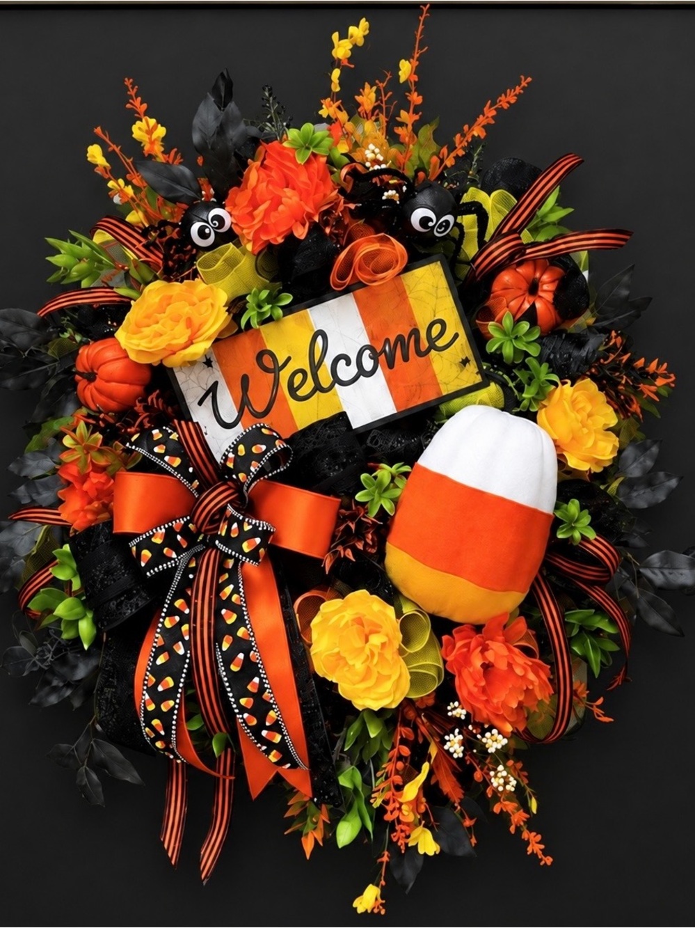 Welcome Halloween Candy Corn Wreath - Orange & Black Holiday Door Decor